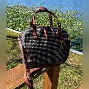 Fossil Rachel Satchel Purse Handbag Crossbody Strap Key Black White Brown 10x8x5